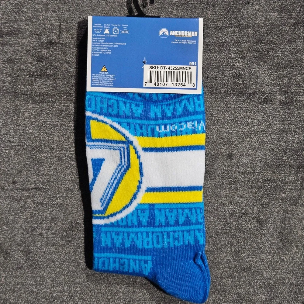 Anchorman Ron Burgundy Odd Sox Mens Crew Socks Size 6-12 Blue Yellow